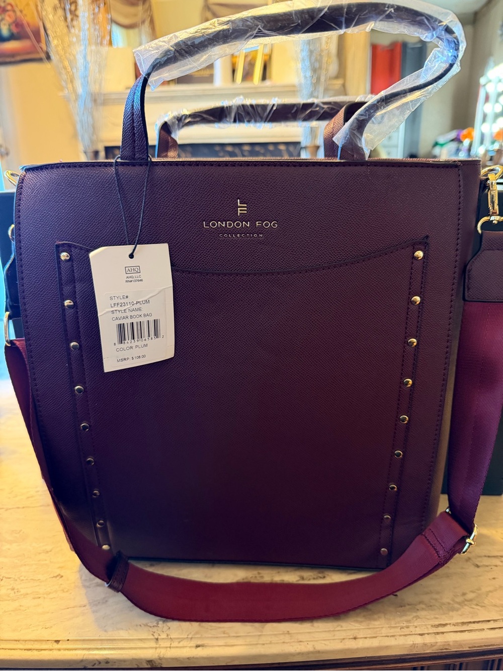 London Fog Plum Structured Tote with Removable Strap
